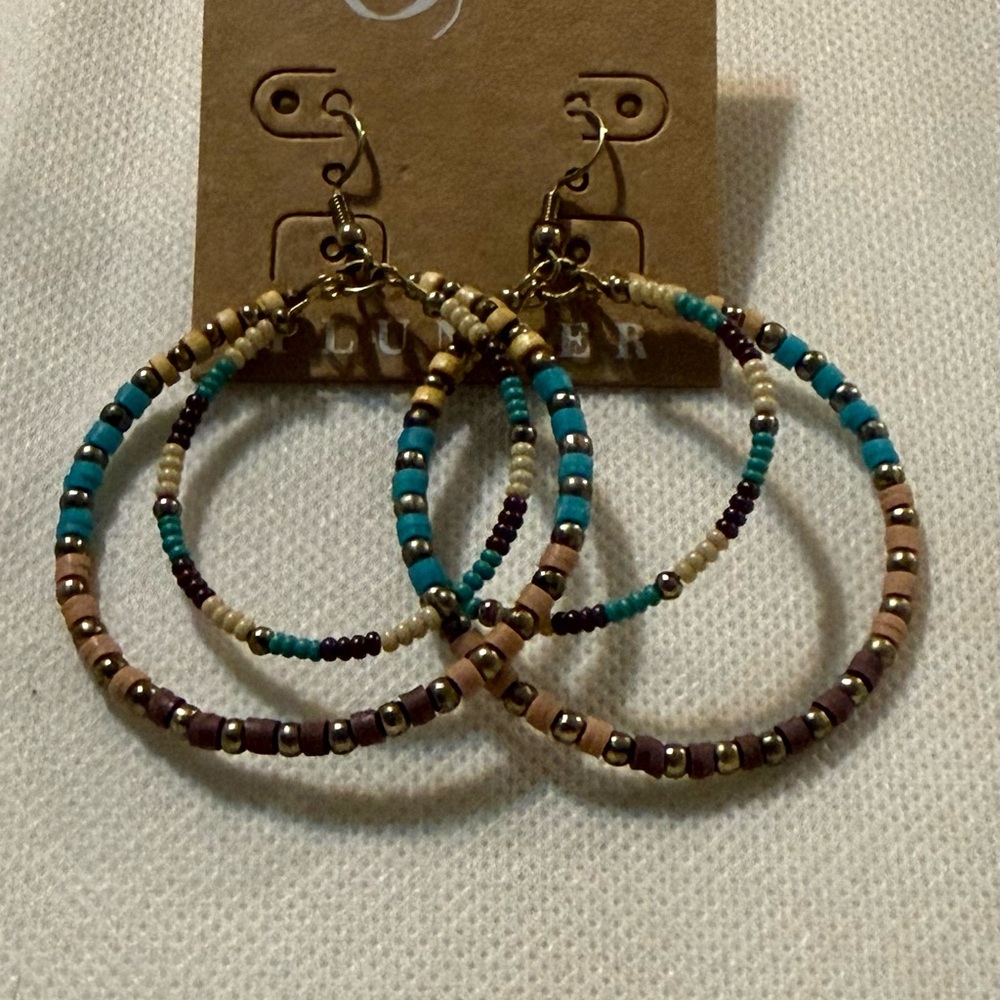 Plunder Turquoise, Cream & Brown Double Hoop Earrings